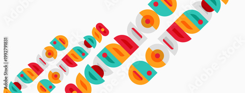 Colorful repeated oval shapes form pattern. Bright hues create playful, modern design. Simple geometry dominates composition.