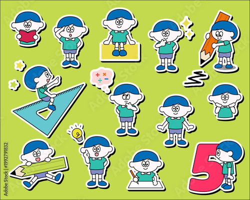 かわいい男の子のイラストセット_算数_フチあり（ベクター）