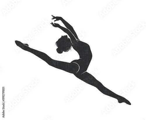 躍動感あふれる女性ダンサーのシルエット、バレエや新体操を思わせる優雅なジャンプ、スポーツと芸術が融合した美しい身体表現のベクターイラスト素材