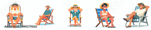 vector of man sitting relaxed on a beach chair enjoying the summer front view