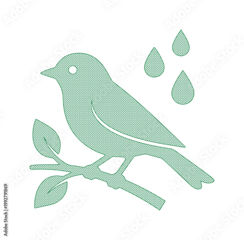 自然と調和する鳥のベクターイラスト、枝にとまる小鳥と雨粒のデザイン、環境保護や生態系を象徴するミニマルなアイコン、ウェブサイトやアプリのグラフィック素材に最適