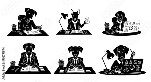 Business dog character set in office desk workplace workspace illustrations pack showing professional pets working with paperwork laptops stationary plants lamps corporate animal cartoon graphics.
