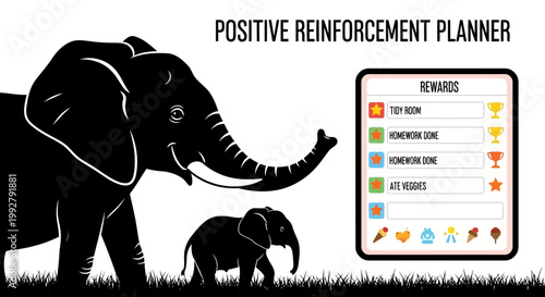 Positive reinforcement planner concept featuring silhouette elephants and rewards chart for tracking daily habits like tidying room doing homework and eating vegetables for kids education goals.