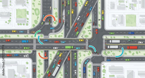 Busy Urban Highway Interchange with Traffic Flow Arrows.