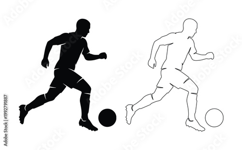 サッカー選手シルエットと線画、ボールを蹴る男性アスリートの躍動感あるベクターイラスト素材、スポーツイベントやチームロゴデザインに最適