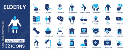 Elderly icon set with senior care, aging, healthcare, retirement, nursing, assistance, community, grandfather, assistance symbols. Solid icon collection. Vector illustration.
