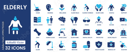 Elderly icon set with senior care, aging, healthcare, retirement, nursing, assistance, community, grandfather, assistance symbols. Solid icon collection. Vector illustration.