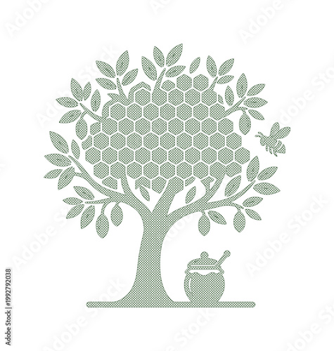 自然なハチミツとミツバチの木、養蜂とオーガニック食品のコンセプトを表すベクターイラスト。エコフレンドリーな製品や健康的なライフスタイルを象徴するデザイン。