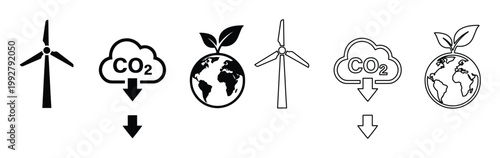 Canvas-taulu 環境保護と持続可能性を象徴する風力発電、CO2削減、地球と植物のアイコンセット。クリーンエネルギー、エコフレンドリーな取り組み、気候変動対策を表現するベクターイ
