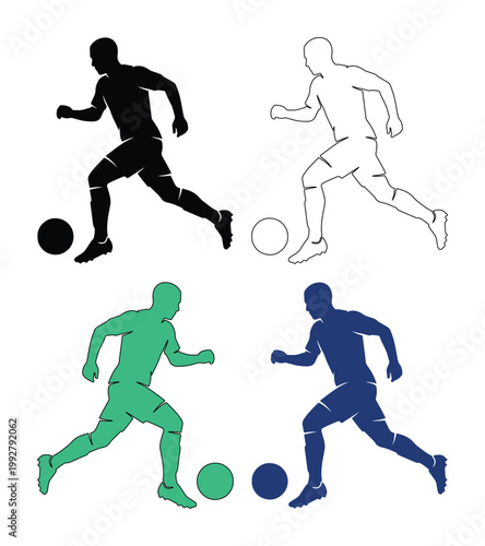 サッカー選手がボールをドリブルする躍動感あふれるシルエット、様々な色とアウトラインで表現されたスポーツベクターイラストセット、試合やトレーニングのグラフィック素材に最適
