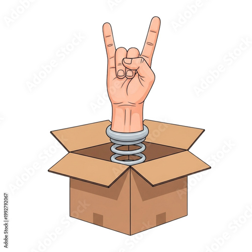 3D Vector Illustration of a Human Hand Making the "Rock On" Sign Popping Out of an Open Cardboard Delivery Box Attached to a Coiled Metal Spring