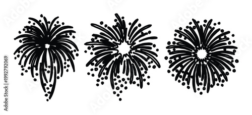 花火のベクターイラストセット、お祝いやイベントを彩るシンプルな線画の打ち上げ花火アイコン、祭りや記念日を祝う黒いシルエットのグラフィック素材