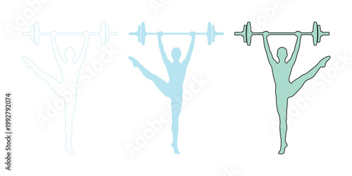 フィットネスとウェイトリフティングの女性シルエット、バレエのようなポーズでバーベルを持ち上げる力強いアスリートのベクターイラスト。健康、運動、スポーツジムのコンセプトに。