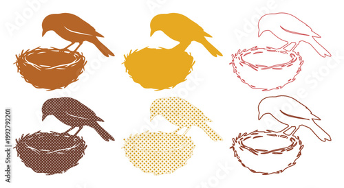 鳥の巣と小鳥のシルエット、自然と生命の象徴、シンプルなベクターイラストセット。春の訪れや家族の温かさを表現するデザイン素材。