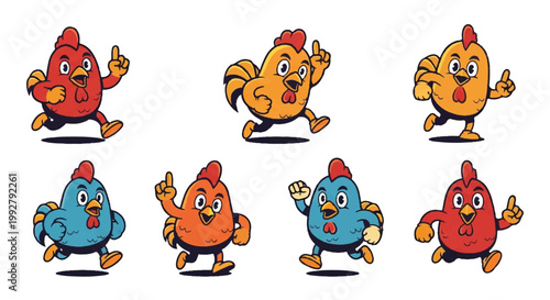 Cartoon chickens in action posing with upward pointing gestures