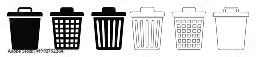 ゴミ箱アイコンセット、シンプルな黒と白のベクターイラスト、ウェブサイトやアプリの削除機能に最適なごみ箱シンボル、6種類のデザイン。