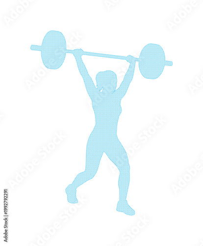 力強くバーベルを持ち上げる女性のシルエット、フィットネスとウェイトトレーニングのモチベーションを高める水色のベクターイラスト、健康的なライフスタイルとスポーツジムのアイコン素材