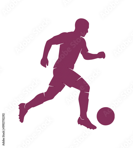 サッカー選手がボールをドリブルする躍動感あふれるシルエットベクターイラスト、スポーツイベントやチームロゴに最適なデザイン素材
