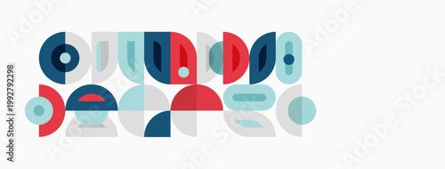 Abstract geometric shapes overlap, creating colorful midcentury modern design. Circles, arcs, segments form playful composition.