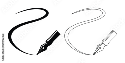 エレガントな万年筆のペン先と流れるようなインクの軌跡、書くことの美しさを表現したモノクロベクターアイコンセット。デザイン、教育、ビジネス用途に最適な洗練された筆記具のシンボル。