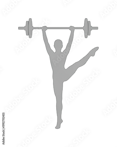 フィットネスとウェイトリフティングの融合、女性のシルエットがバーベルを持ち上げるエレガントなベクトルイラスト。健康、筋力トレーニング、スポーツジムのアイコンデザインに最適。