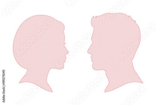 男女の横顔シルエット、ピンクのドットパターンで表現されたカップルの顔、人間関係やコミュニケーションを象徴するベクターイラスト素材