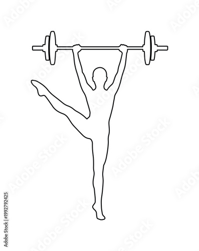 力強くバーベルを持ち上げるアスリートのシルエット、フィットネスと健康的なライフスタイルを象徴するシンプルなモノクロベクターイラスト、スポーツジムやトレーニングのアイコンデザインに最適