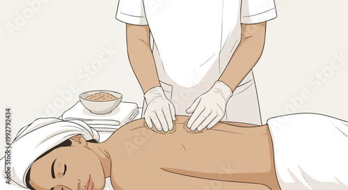 A skilled therapist performing a relaxing massage on a serene woman's back in a peaceful spa salon setting with calming ambiance