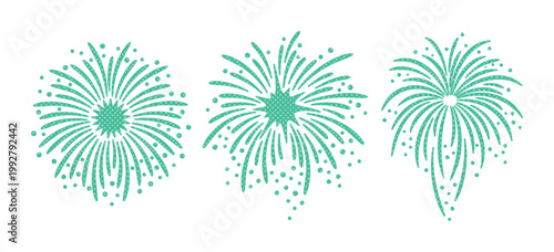 花火のベクターアイコンセット、お祝いやイベントを彩るミントグリーンの打ち上げ花火イラスト、パーティーやフェスティバルに最適なシンプルなデザイン素材
