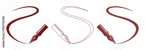 エレガントな万年筆の筆記具アイコンセット、流れるようなS字の筆跡とペン先が描くクリエイティブなデザイン。執筆、教育、文学、ビジネス用途に最適なベクター素材。