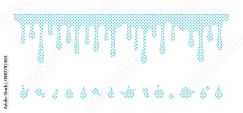 水滴が滴るハーフドット柄の背景と水滴アイコンセット、水や液体を表現する青いベクター素材、ウェブサイトやグラフィックデザインに最適な水滴パターン