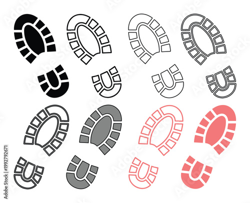 様々な靴底の足跡、黒、グレー、赤のカラーバリエーションを含む、歩行や移動の概念を表現するベクターイラスト素材