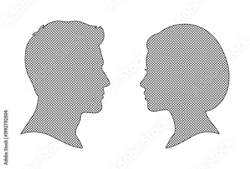 男女の横顔シルエット、ドット柄の抽象的な人物アイコン、コミュニケーションや性別の概念を表すベクターイラスト素材、ウェブサイトやアプリのUIデザインに最適