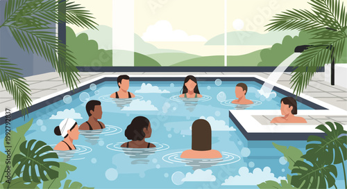 Illustration of diverse people enjoying spa salon activities in a serene outdoor pool with lush greenery and a scenic view