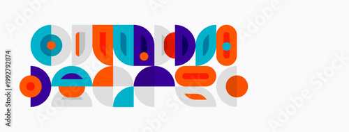 Abstract geometric shapes, vibrant colors, playful design. Circles, rectangles, curves create modern pattern. Minimalist aesthetic.