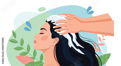 Illustration of a woman receiving a shampoo treatment at a spa salon with soap suds on her hair and a serene expression