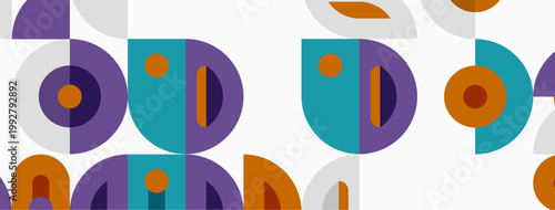 Abstract geometric pattern. Shapes overlap, creating playful visual rhythm. Colors include purple, teal, orange, gray. Modern design element.