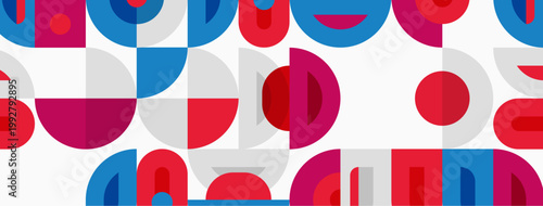Geometric shapes repeat. Red, blue, gray colors create modern pattern. Simple design, clean aesthetic, playful composition.
