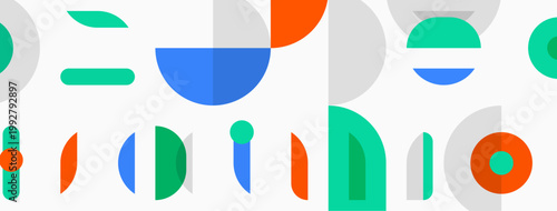 Abstract geometric shapes, vibrant colors, modern design. Composition features circles, rectangles, lines, overlapping forms. Studio branding visible.