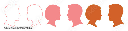 性別と人種の多様性を表現したプロフィールアイコンセット、男性と女性の横顔シルエット、ピンクとブラウンの肌色、ユーザーアバターやソーシャルメディアに最適なベクターイラスト