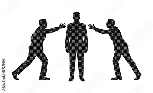 ビジネスマンのシルエット、中央の人物を取り合う二人の男性、人材獲得や顧客争奪戦を表現するベクターイラスト素材