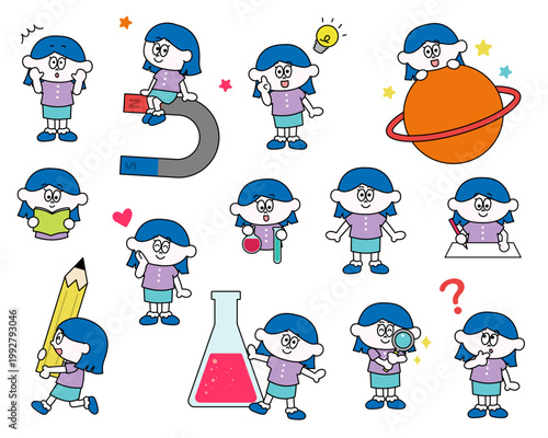 かわいい女の子のイラストセット_理科（ベクター）
