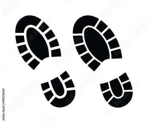 足跡のベクターイラスト、靴底のパターンがはっきりと見える黒いフットプリント、歩行や移動のコンセプトを示すシンプルなアイコンデザイン、白い背景に孤立した足跡のグラフィック素材