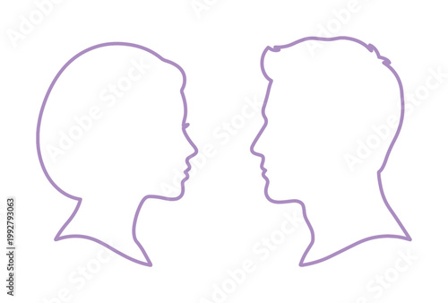男女の横顔シルエット、カップルや人間関係を象徴するシンプルなベクターアイコン。コミュニケーション、性別、プロフィール表現に最適なデザイン素材。