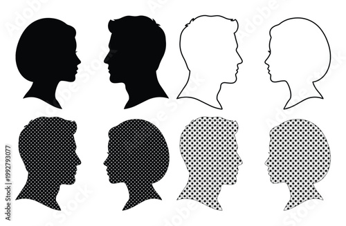 人物の横顔シルエットベクターセット、男女の顔の輪郭とハーフドーンパターン、プロフィールアイコンやアバターに最適なグラフィック素材