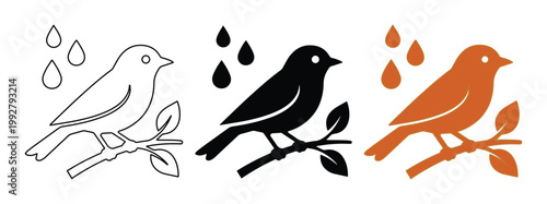 雨と鳥のシンプルでミニマルなアイコンセット、枝にとまる小鳥のベクターイラスト、天気予報や自然をテーマにしたデザインに最適な白黒とオレンジの鳥のシルエット
