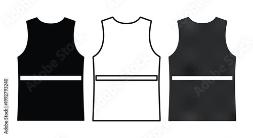 安全ベストのベクターイラストセット、反射ストライプ付きの作業服、黒、白、グレーの3色展開、交通整理や建設現場での視認性向上に貢献する保護具のテンプレート