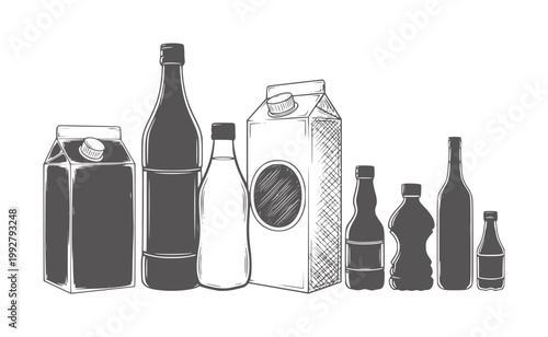 Assortment of sketched beverage containers including cartons and bottles milk