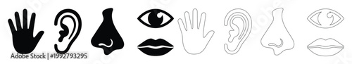 五感のアイコンセット、手、耳、鼻、目、唇のシンプルな黒と白の線画ベクターイラスト、感覚と知覚の概念デザイン