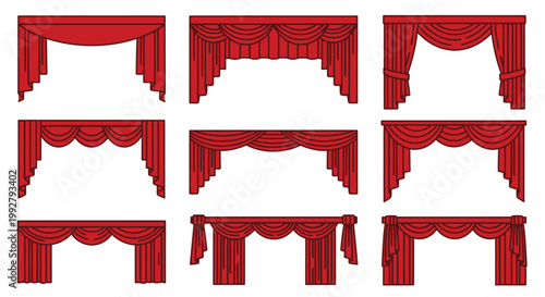 Collection of red stage curtains in various draped styles and shapes